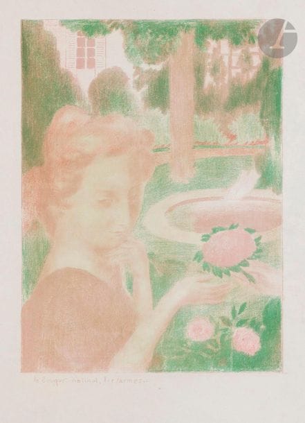 Maurice Denis (1870-1943)
Le Bouquet matinal, les larmes. (Suite Amour, pl. 3). 1892-1899. Lithographie. 285 x 385. Impression en couleurs. Cailler 110 ; Johnson 32-3. Parfaite épreuve sur vélin mince, non signée. Toutes marges. Tirage à 100 épreuves. A. Vollard éd. 