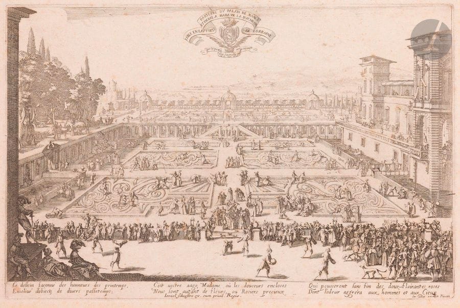Jacques Callot (1592-1635)
Le Parterre de Nancy ou Jardin de Nancy. 1625. Eau-forte. 387 x 256. Lieure 566. Belle épreuve sur vergé du XVIIIe s., les tailles légèrement usées et les fonds affaiblis. Rousseurs claires. Belles marges. 