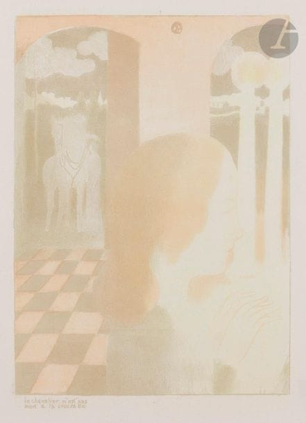 Maurice Denis (1870-1943)
Le Chevalier n’est pas mort à la croisade. (Suite Amour, pl. 5). 1892-1899. Lithographie. 300 x 400. Impression en couleurs. Cailler 112 ; Johnson 32-5. Très belle épreuve sur vélin mince, numérotée et signée au crayon. Toutes marges. Tirage à 100 épreuves. A. Vollard éd. Ex-coll. H.-M. Petiet (Lugt 5031).