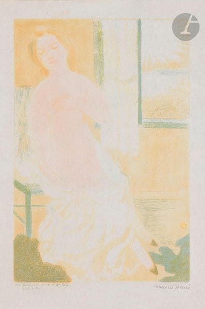 Maurice Denis (1870-1943)
Mais c’est le cœur qui bat trop vite. (Suite Amour, pl. 12). 1892-1899. Lithographie. 297 x 443. Cailler 121 ; Johnson 32-12. Très belle épreuve sur vélin blanc mince, signée au crayon. Toutes marges. Tirage à 100 épreuves. A. Vollard éd.