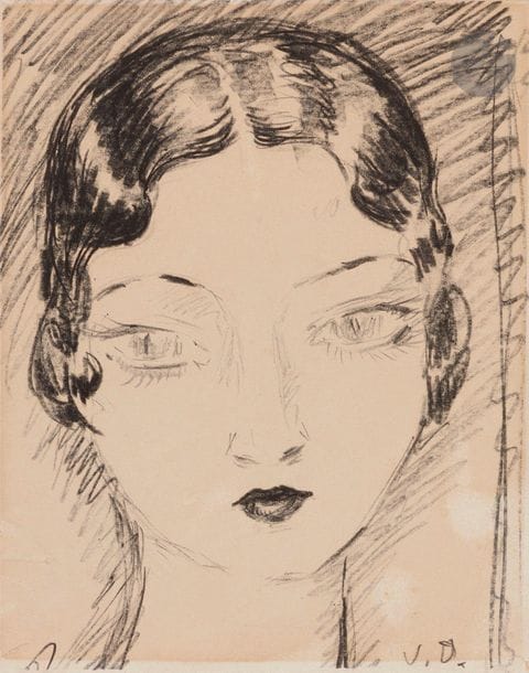 Kees van Dongen (1877-1968)
Jeune fille. 1929. Lithographie. 225 x 280. Juffermans L 15. Épreuve sur vélin blanc, manquant de conservation, collée en plein sur carton, oxydée, avec petits arrachements et déchirures aux bords du feuillet, pénétrant dans le sujet. (Pl. parue dans Le Manuscrit autographe).