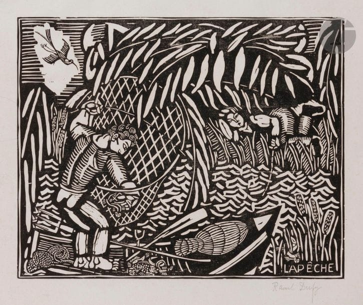 Raoul Dufy (1877-1953)
La Pêche. 1910-1911. Bois gravé. 400 x 320. Pernoud, L’Estampe des Fauves, p. 88. Belle épreuve du 1er tirage sur chine volant, signée au crayon. Plusieurs longues fractures obliques au bord gauche, pénétrant dans le sujet, restaurées par le fin doublage sur japon mince de la feuille. 