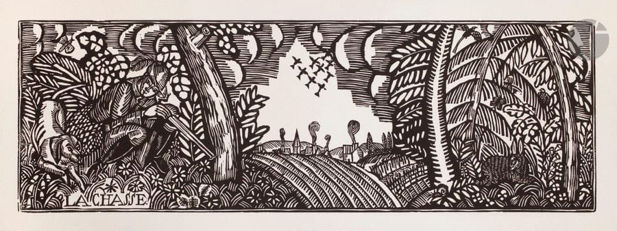 Raoul Dufy (1877-1953)
La Chasse. 1910-1911. Bois gravé. 640 x 208. Pernoud, L’Estampe des Fauves, p. 88. Très belle épreuve d’un tirage postérieur (vers 1950) sur vélin, légèrement oxydée. Bande d’empoussiérage au bord droit du feuillet. Court pli cassé dans l’angle supérieur droit. Courte déchirure en tête. Toutes marges. 