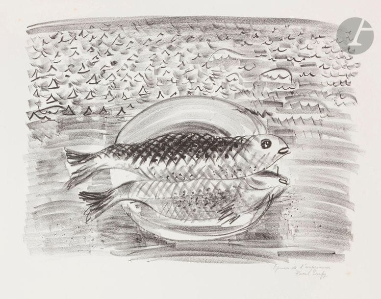 Raoul Dufy (1877-1953)
L’Assiette aux poissons. (Pl. pour l’album La Mer). 1933. Lithographie. 460 x 340. Très belle épreuve sur vélin blanc, annotée au crayon « Epreuve de l’imprimeur » et signée. Quelques rares rousseurs hors du sujet. Toutes marges. Tirage définitif à 33 épreuves. 