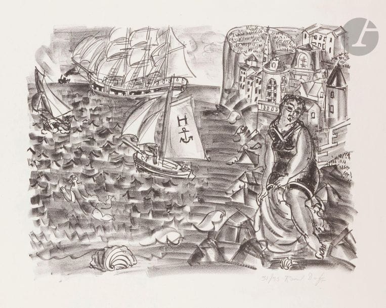 Raoul Dufy (1877-1953
)Le Brick, or La Baigneuse. (Pl. for the album La Mer). 1933. Lithography. 435 x 340. Very nice proof on white vellum, numbered and signed in pencil. Slight dusting, short handling folds and some short tears at the edges of the sheet. All margins. Edition of 33 proofs.
