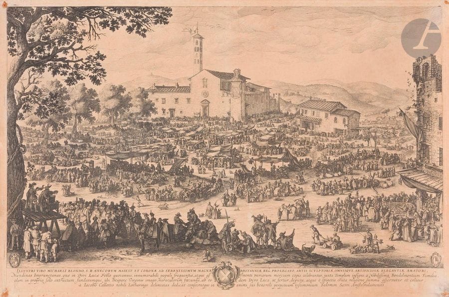 Jacques Callot (1592-1635) (after
)La Foire d'Impruneta (1st pl.). Counterpart copy by Salomon Savery. 655 x 429. Binder 361 (copy 1). Nice proof on laid paper, from the 1st state (of 2), before the address of Clément de Jonghe, slightly oxidized. Median vertical drying fold. Pinholes, strong freckles and dirt in the corners. Strips of gummed paper all around the back. Small margins.
