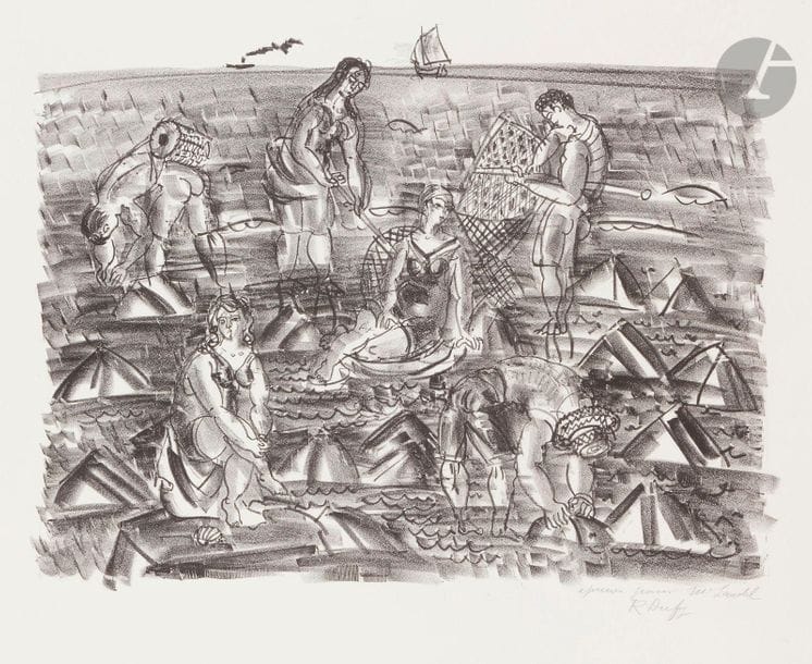 Raoul Dufy (1877-1953)
Pêcheurs de crevettes. (Pl. pour l’album La Mer). 1933. Lithographie. 450 x 345. Très belle épreuve sur vélin blanc, annotée au crayon « epreuve pour Mr Landel » et signée au crayon. Légère oxydation aux bords du feuillet. Toutes marges. Tirage à 33 épreuves. 