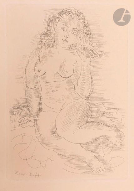 Raoul Dufy (1877-1953)
Berr de Turique (Marcelle). Raoul Dufy. Paris, Librairie Floury, 1930. Un vol. in-4, l’un des 200 exemplaires de tête sur japon, très frais, numéroté, contenant, outre l’eau-forte en frontispice (Amphitryte), 5 eaux-fortes originales supplémentaires hors-texte et de nombreuses reproductions en noir et en couleurs in- et hors-texte. Jaquette lithographiée conservée. Reliure de vélin, titre sur le dos. Ex-libris A.-A. Rateau.