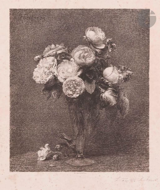 Henri Fantin-Latour (1836-1904)
Bouquet de roses. 1879. Lithographie. 354 x 416. Hédiard-Mason 26. Belle épreuve sur chine appliqué, signée au crayon. Fortes rousseurs éparses et petites auréoles d’humidité. Restes de colle aux bords du feuillet au verso et courte déchirure sommairement restaurée. Petit manque en tête. Quelques traces filiformes de frottement en surface. Tirage à 50 épreuves. Toutes marges. Très rare. 