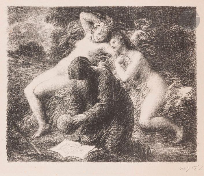 Henri Fantin-Latour (1836-1904)
La Tentation de saint Antoine. 1893. Autographie. 405 x 330. Hédiard-Mason 110. Très belle épreuve sur vergé, numérotée et signée des initiales au crayon. Rousseurs éparses. Ondulations dues à la pression au tirage. Toutes marges. Timbre sec : L’Estampe originale (Lugt 819). 