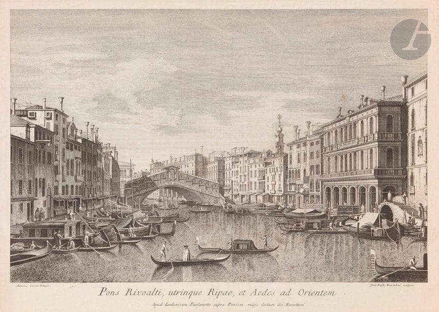 Canaletto (Giovanni Antonio Canal, dit) (1697-1768) (d’après)
Pons Rivoalti, utrinque Ripae, et Aedes ad Orientem (Pont du Rialto, rives et maisons côté est). 1763. Eau-forte par Brustoloni. 457 x 325. Belle épreuve rognée sur le coup de planche en pied. Petites marges sur trois côtés. Légères traces de plis essentiellement verticales. Courts plis cassés dans les angles. 