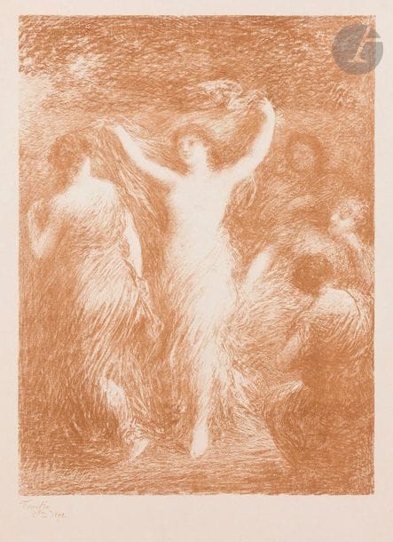 Henri Fantin-Latour (1836-1904
)Dances. 1897-1898. Autograph. 323 x 455. Hédiard-Mason 140; Johnson 41-3. Combination of 2 very beautiful proofs, one in ochre on japan, the other in black on applied china. Strong freckles and a trace of marginal oxidation on the second one, with a small lack on the right edge of the sheet. All margins. A. Vollard ed.
