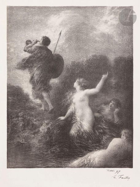 Henri Fantin-Latour (1836-1904)
Götterdammerung : Siegfried et les filles du Rhin ; Prélude de Lohengrin (2e pl.). 1897-1898. Autographie. 375 x 510 et 346 x 510. Hédiard-Mason 141 et 146 ; Johnson 41-4 et 6. Réunion de 3 très belles épreuves, une sur chine appliqué du 1er sujet, 2 sur japon du 2e, dont une tirée en ocre. Rousseurs claires éparses aux deux dernières. Toutes marges. A. Vollard éd.