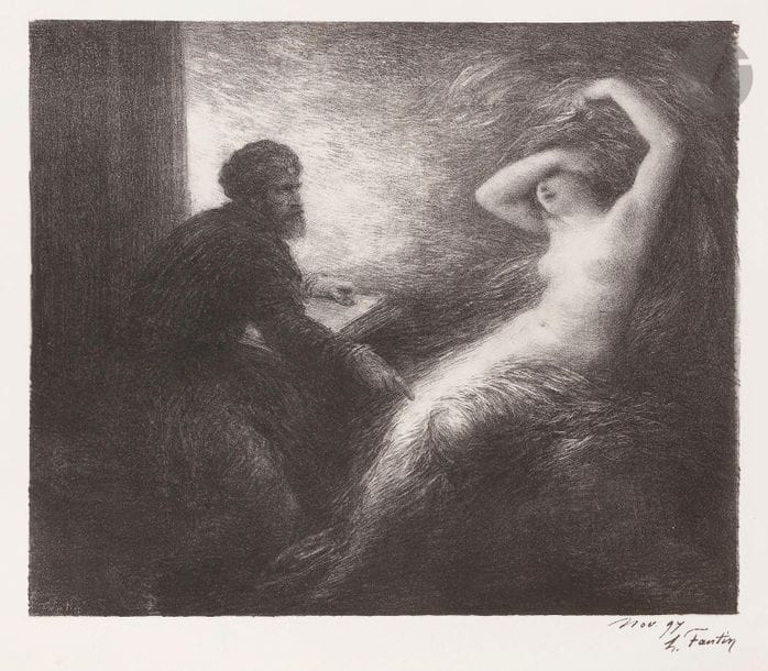 Henri Fantin-Latour (1836-1904)
Évocation de Kundry. 1898-1898. Autographie. 485 x 440. Hédiard-Mason 142 ; Johnson 41-5. Réunion de 2 très belles épreuves, une sur chine appliqué, une sur japon. Quelques rares rousseurs. Toutes marges. A. Vollard éd.