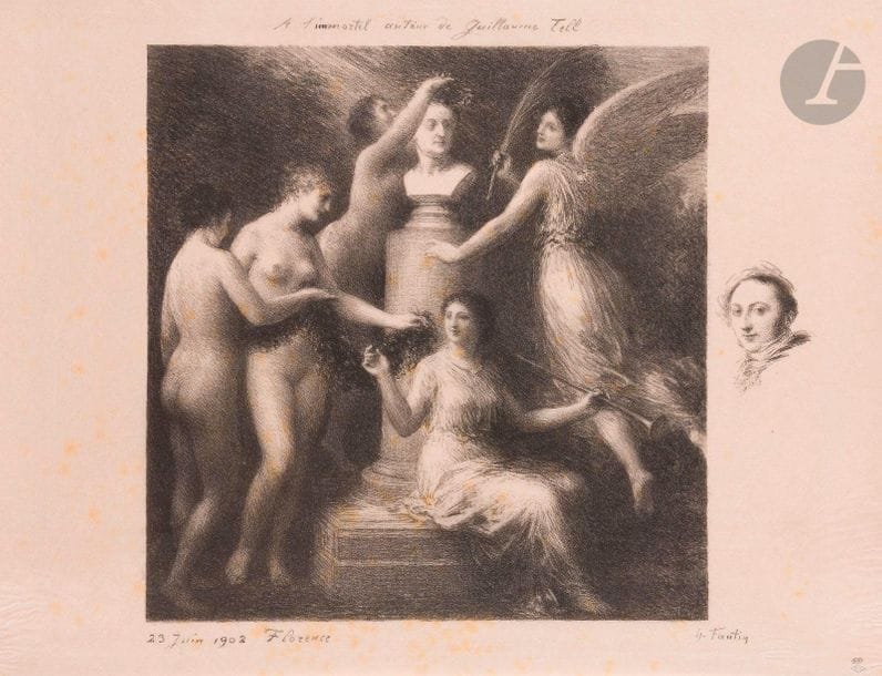 Henri Fantin-Latour (1836-1904)
À Rossini. 1902-1903. Autographie. 455 x 415. Hédiard-Mason 160 ; Johnson 42. Très belle épreuve, l’une des 50 tirées sur japon pelure, montée par les angles sur carton (deux angles légèrement arrachés). Rousseurs claires. Petit manque au centre en tête du feuillet. Toutes marges. A. Vollard éd. Ex-coll. Roger Marx (Lugt 2229) et É. Laffon (Lugt 877a). 