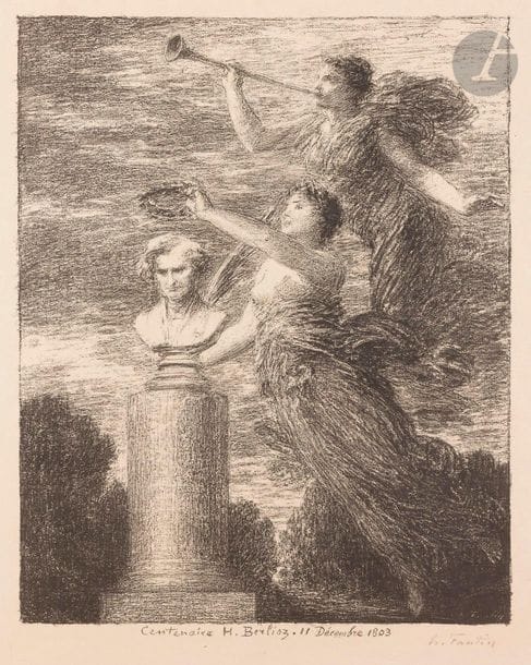 Henri Fantin-Latour (1836-1904)
Centenaire H. Berlioz. 1903. Autographie. 325 x 410. Hédiard-Mason 175. Superbe épreuve sur japon, signée au crayon lithographique. Quelques fins courts plis cassés verticaux dans la partie supérieure du feuillet. Toutes marges. Tirage à 50 épreuves. 