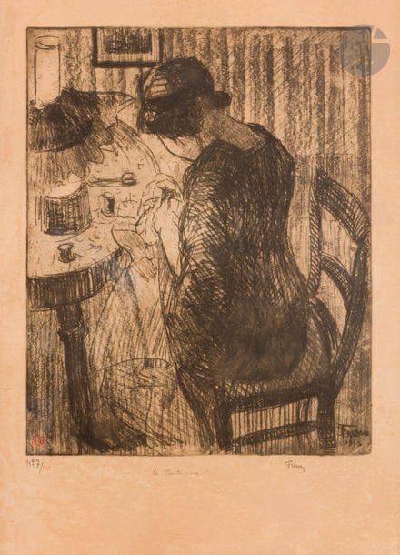 Jehan Frison (1882-1961
)La Couturière. 1913. Soft varnish. 290 x 340. Very nice proof on vellum, bearing the red stamp of the artist, numbered, titled and signed in pencil. Oxidation of the sheet. All margins. Frame.
