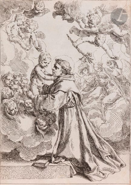Simone Cantarini, dit Il Pesarese (1612-1648)
Le Grand Saint Antoine de Padoue. Vers 1639. Eau-forte. 176 x 260. Bartsch 25 ; Bellini 26. Très belle épreuve du 1er état (sur 3), avant la mention gravée à l’eau-forte « Simone Cantarini In. e Fe. Originale », rognée à l’extérieur du trait carré. Infimes et rares rousseurs perceptibles au verso. 