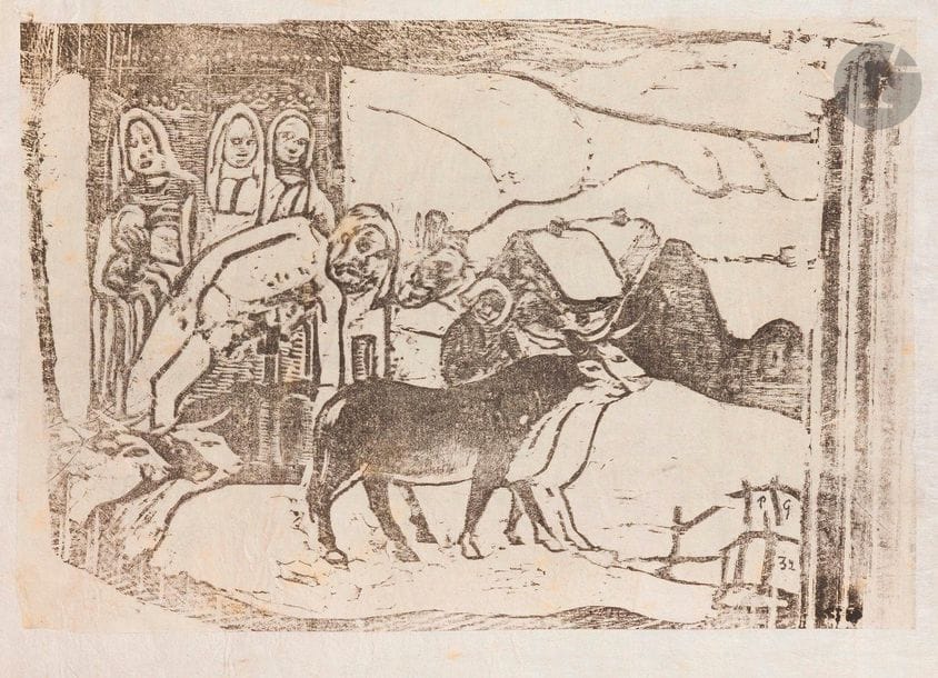 Paul Gauguin (1848-1903)
Le Calvaire breton. 1898-1899. Gravure sur bois. 228 x 152. Mongan, Kornfeld et Joachim 50 B. Très belle épreuve sur japon pelure, avec les initiales « P G » et le numéro « 32 » à l’encre, finement doublée sur japon vergé mince [290 x 175]. Fines traces de plis dans le sujet. Tirage à environ 35 épreuves. Joint : fac-similé d’un titre pour Le Sourire (Mongan, Kornfeld et Joachim 69). Épreuve sur chine volant. Ens. 2 p. 