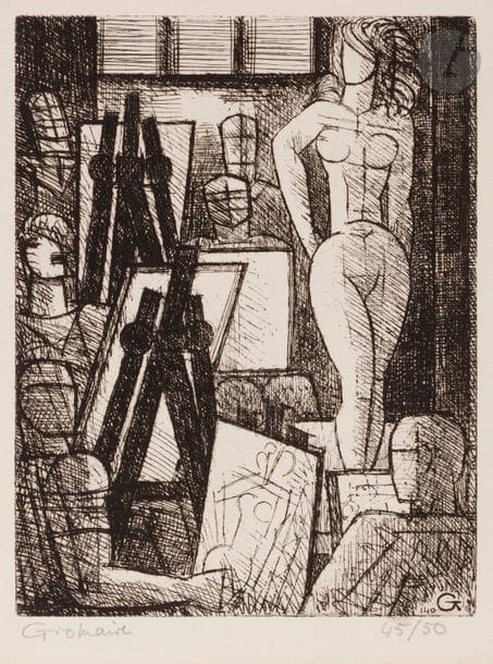 Marcel Gromaire (1892-1971)
L’Académie de peinture. 1952. Eau-forte sur zinc. 197 x 258. Gromaire 140. Très belle épreuve sur vélin, numérotée et signée au crayon. Trace d’oxydation à l’ouverture d’un ancien montage. Restes de papier gommé et petites épidermures dans les angles au verso. Toutes marges. Tirage à 50 épreuves. 