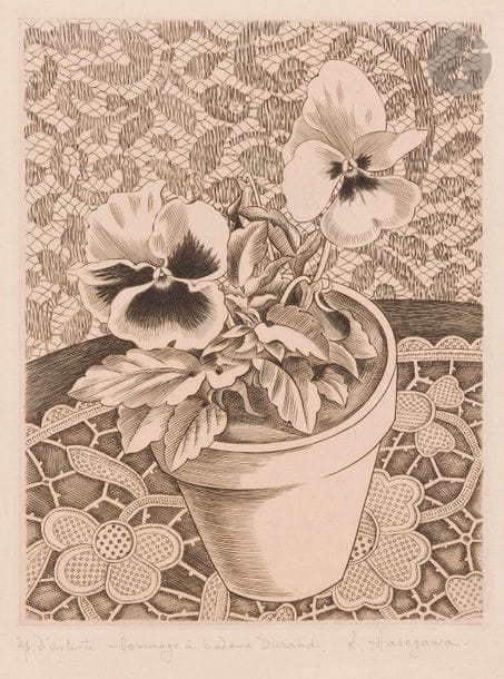 Kiyoshi Hasegawa (1891-1980)
Pensées dans un pot sur napperon en dentelle. 1937. Burin. 125 x 158. Reifu Syobo 249. Très belle épreuve sur vélin ivoire, justifiée « ép. d’artiste », dédicacée et signée au crayon. Infime salissure en pied du feuillet. Toutes marges. Timbre sec de l’artiste en pied à droite. 