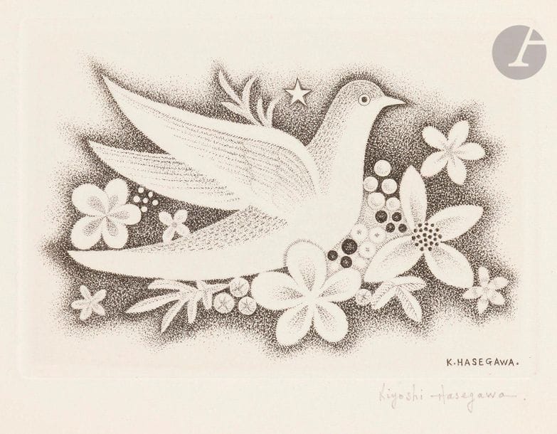 Kiyoshi Hasegawa (1891-1980)
Oiseau du bonheur. 1959. Carte de vœux pour 1960. Burin. 111 x 79. Reifu Syobo 627. Très belle épreuve tirée sur double feuillet remplié, avec envoi au crayon signé à gauche, resignée sous le sujet. 