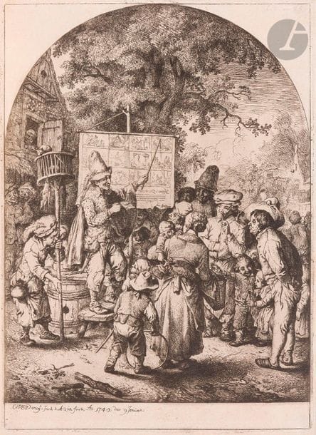 Christian Dietricy ou Dietrich (1712-1774)
Le Marchand de mort-aux-rats. 1740. Eau-forte. 185 x 260. Le Blanc 58. Très belle épreuve sur vergé. Filets de marges. Rare. Ex-coll. A. Morrison (Lugt 151) et Dr. W. A. Ackermann (Lugt 791). 