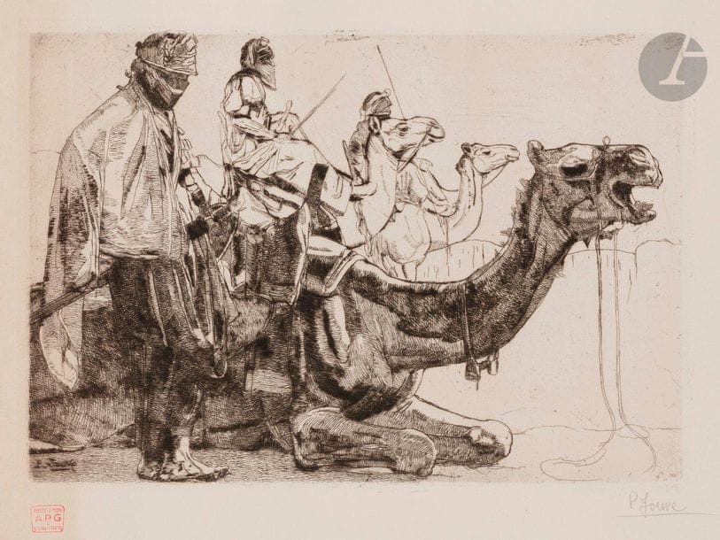 Paul Jouve (1878-1973
)Targui at rest. 1933. Etching. 350 x 243. Marcilhac p. 372. Nice proof on vellum, signed in pencil. Median vertical folds and undulations (the proof having been rolled). Wide oxidation band at the left edge of the sheet, penetrating the subject. All margins. Red stamp from the Association of etch-painters and engravers.
