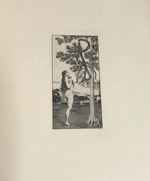 Max Klinger (1857-1920
)Eva und die Zukunft (Eve and the Future). Folge von 6 Blättern. Rad. Werk III. Sechste Ausgabe. (6th edition). 1898. Large album in-fol. containing the complete suite of 6 pl. etching. Leaves: 440 x 600. Singer 43-48. Fine proofs on strong ivory vellum. A few broken folds at the edges of the leaves. Title page with long tears. Portfolio with edition flaps (very faded).
