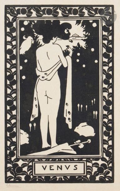 Jean-Émile Laboureur (1877-1943)
Vénus. 1906. Bois gravé. 154 x 254. Laboureur 625. Parfaite épreuve sur japon, signée et numérotée au crayon. Toutes marges non ébarbées. Tirage total 12 épreuves (malgré les 40 annoncées).