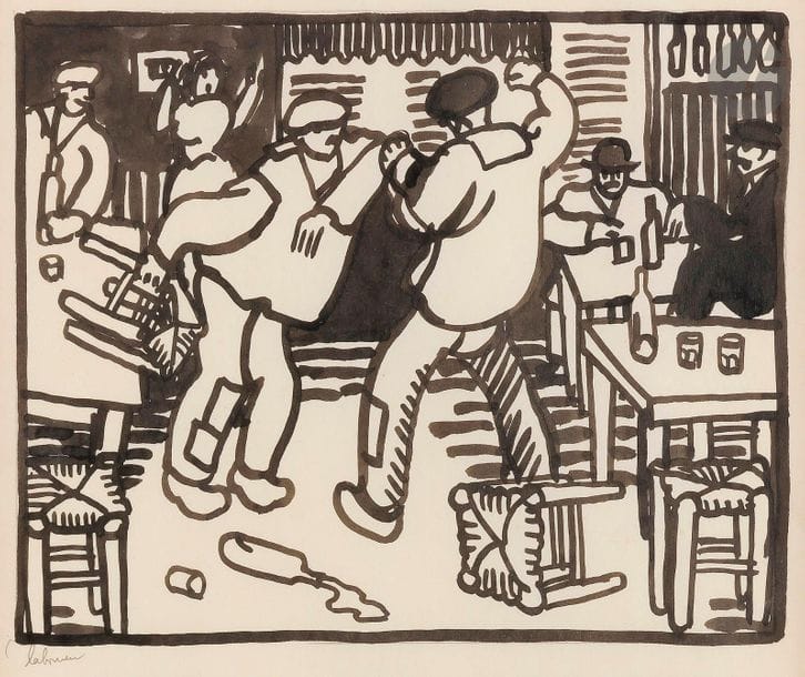 Jean-Émile Laboureur (1877-1943)
La Rixe. 1913. Bois gravé. 200 x 159. Laboureur 693. Belle épreuve sur japon mince, oxydée, avec fortes rousseurs, signée et numérotée au crayon. Tirage à 30 épreuves. Marges. Joint : dessin préparatoire, pinceau et encre de Chine sur vélin blanc mince [à vue : 215 x 175], signé au crayon. Les deux dans un seul cadre. 
Provenance :
Ancienne collection A.-F. Lotz-Brissonneau (1840-1921).