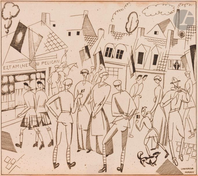 Jean-Émile Laboureur (1877-1943)
14 juillet sur le front anglais. 1917. Eau-forte. 256 x 235. Laboureur 176. Épreuve sur vélin, rognée au trait carré, non signée. Joint : même sujet. Dessin préparatoire à la mine de plomb, mis au carreau, sur vélin mince, et reproduction de dessin du même sujet parue dans l’ouvrage Dans les Flandres britanniques. Laboureur 809-10 (tome II, Livres ill., p. 549). Ens. 3 p. Provenance :
Ancienne collection Sylvain Laboureur, fils de l’artiste, avec annotations de sa main sur le montage. 