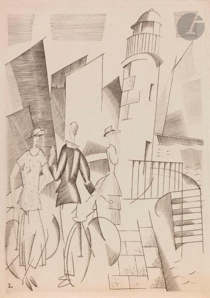 Jean-Émile Laboureur (1877-1943)
La Jetée. 1922. Burin. 94 x 133. Laboureur 238. Réunion d’une épreuve d’essai du 1er état (sur 2), avant de nouveaux travaux, sur vergé ancien mince provenant d’un ancien registre (avec annotations visibles par transparence à la plume et à l’encre sépia), et d’une épreuve sur vélin de l’état définitif, non signées. Toutes marges. Tirage total à 54 épreuves. Joint : même sujet. Dessin préparatoire à la mine de plomb sur vélin mince, titré en pied « Les cyclistes ». Ens. 3 p. Provenance :
Ancienne collection Sylvain Laboureur, fils de l’artiste, avec annotations de sa main sur le montage. 