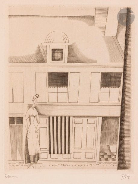 Jean-Émile Laboureur (1877-1943)
La Boutique de la charcutière. 1923. Burin. 100 x 132. Laboureur 251. Très belle épreuve sur vergé mince, l’une des 8 du 1er état (sur 2), avant les tailles dans le ciel, signée et numérotée au crayon, et titrée en pied. Toutes marges. Tirage total à 48 épreuves. Joint : même sujet. Deux dessins préparatoires à la mine de plomb, un sur calque, un sur vélin mince. Ens. 3 p.  
 Provenance :
Ancienne collection Sylvain Laboureur, fils de l’artiste, avec annotations de sa main sur le montage. 
