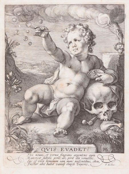 Hendrik Goltzius (1558-1617)
Quis evadet ? (Qui y échappera ?) 1594. Burin. 156 x 215. New Hollstein 128 ; Strauss 323. Bonne épreuve sur vergé mince, soigneusement lavée (le papier d’allure un peu grise), avec petites amincissures et quelques habiles restaurations. Légères rousseurs persistantes. Petites marges. 