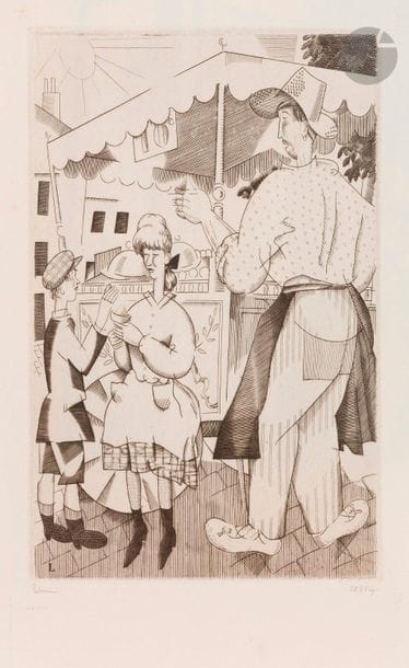 Jean-Émile Laboureur (1877-1943)
Le Marchand de glaces. 1923. Burin. 160 x 238. Laboureur 262. Très belle épreuve sur vélin blanc, signée et numérotée au crayon. Toutes marges. Tirage à 65 épreuves. 