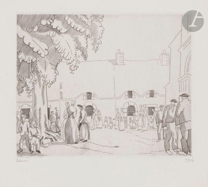 Jean-Émile Laboureur (1877-1943)
Sortie de la grand-messe, Morbihan (Camoël). 1927. Burin. 209 x 170. Laboureur 360. Parfaite épreuve sur vélin, l’une des 9 du 1er état (sur 3), avant de nouveaux travaux, signée et numérotée au crayon puis annotée dans l’angle inférieur gauche. Toutes marges. Tirage définitif à 68 épreuves. Joint : Orage en Brière. 1932. Eau-forte. 180 x 165. Laboureur 461. Belle épreuve sur vergé ancien azuré, du 3e état (sur 4) avant effaçage du monogramme, signée et annotée « ép. d’essai ». Rousseurs claires éparses. Toutes marges. Ens. 2 p. 