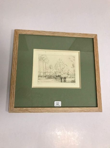 Jean-Émile Laboureur (1877-1943)
La Route dans les sapins. (Pl. 5 du Cahier de six paysages). 1928. Eau-forte et pointe sèche. 130 x 100. Laboureur 390. Très belle épreuve sur vélin blanc, signée et numérotée au crayon. Marges. Cadre. 