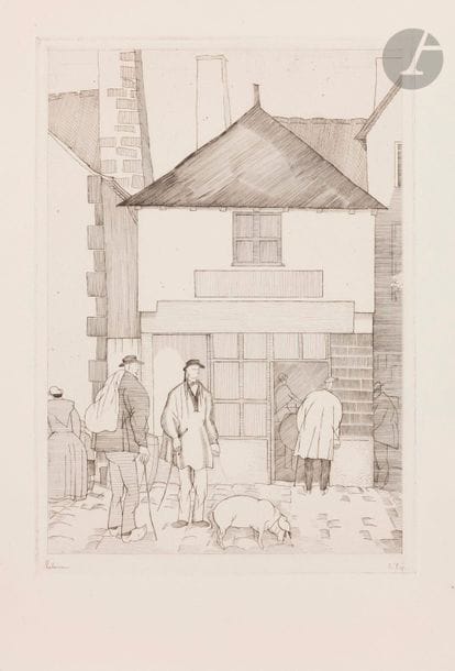 Jean-Émile Laboureur (1877-1943)
Le Jour du marché (La Roche-Bernard). 1930. Burin. 196 x 275. Laboureur 430. Réunion de 4 très belles épreuves des 1er, 2e et 3e états (sur 3), l’état définitif en double épreuve, sur différents papiers, signées et numérotées au crayon. Courte déchirure en pied à une pl. Toutes marges. Tirage définitif à 60 épreuves. 