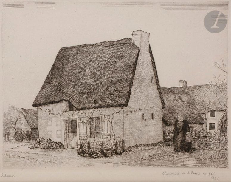 Jean-Émile Laboureur (1877-1943)
Chaumière de la Brière. 1932. Eau-forte. 270 x 195. Laboureur 445. Très belle épreuve sur vélin blanc, signée, titrée et numérotée au crayon (par S. Laboureur pour son mari). Marges. Cadre. 