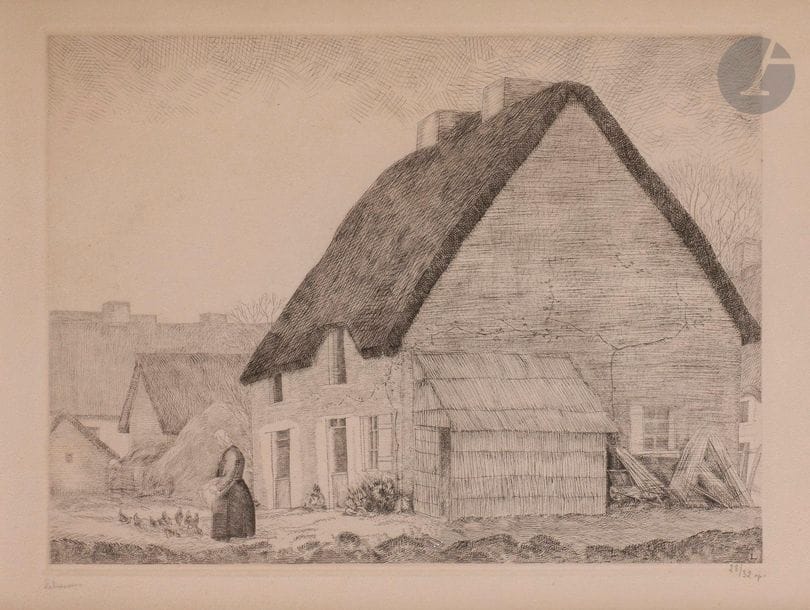 Jean-Émile Laboureur (1877-1943)
Village de la Brière. 1932. Eau-forte. 322 x 240. Laboureur 448. Belle épreuve sur vélin, oxydée, signée et numérotée au crayon (par S. Laboureur pour son mari). Marges. Cadre. 