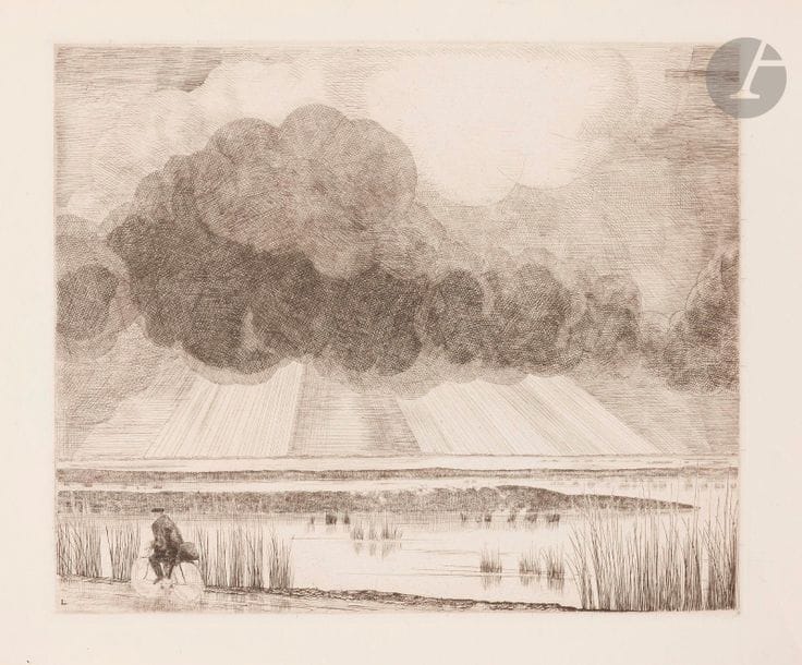 Jean-Émile Laboureur (1877-1943)
Paysage au cycliste. 1932. Eau-forte. 395 x 255. Laboureur 449. Belle épreuve sur vélin, annotée dans l’angle inférieur droit « bon [à tirer] / jel » au crayon. Titre à la plume et à l’encre par une main étrangère en pied à gauche. Légère oxydation du feuillet. Courte déchirure au bord gauche. Toutes marges. Tirage définitif à 32 épreuves. 