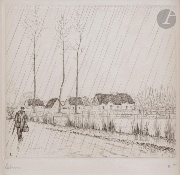 Jean-Émile Laboureur (1877-1943
)La Pluie en Brière. 1937-1938. Etching. 145 x 134. Laboureur 156 bis. Very nice proof on white vellum, signed and justified "H.T. "in pencil (by S. Laboureur for her husband). Seal: preparatory drawing for the lead pencil on tracing paper [at sight: 110 x 82]. Both in one frame.
