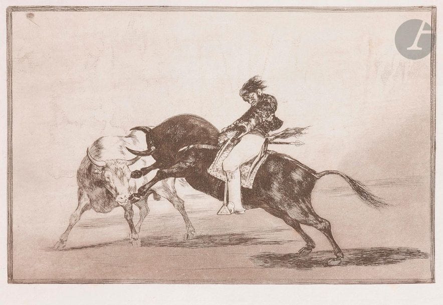 Francisco de Goya y Lucientes (1746-1828)
El mismo Ceballos montado sobre otro toro… (La Tauromaquía, pl. 24). 1816. Eau-forte et aquatinte. 350 x 242. Delteil 247 ; Harris 227. Belle épreuve sur vergé mince filigrané « mbm », soigneusement lavée, de la 4e édition (1905), les fonds usés. Belles marges [310 x 480].
