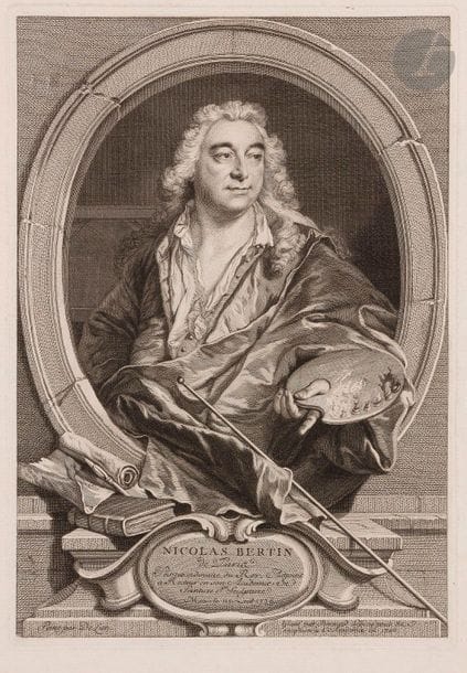 Bernard Lépicié (1698-1755)
Nicolas Bertin de Paris, peintre ordinaire du Roy… (morceau de réception à l’Académie). 1740. Gravé d’après Delyen. 260 x 378. Le Blanc 18. Très belle épreuve sur vergé. Quelques rousseurs claires. Courtes déchirures, traces de plis et trous de brochage aux bords du feuillet. Toutes marges. 