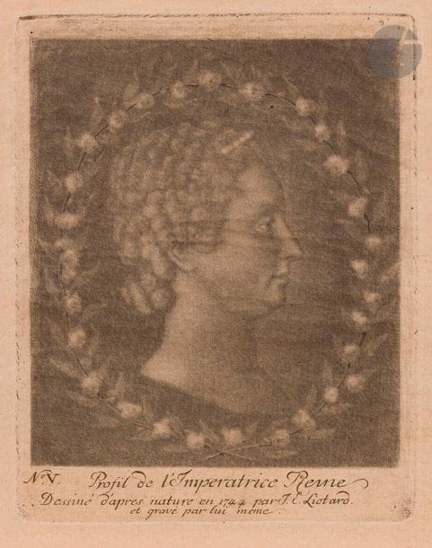 Jean-Étienne Liotard (1702-1789)
Profil de l’Impératrice Reine (Marie-Thérèse d’Autriche). Vers 1780. Manière noire. 130 x 165. Roethlisberger-Loche 527. Très belle épreuve sur vergé mince ivoire filigrané (grappe et lettres). Ondulations normales, dues à la pression au tirage. Marges. 
 En ouverture de son Traité des règles et des principes de la peinture (1781), Liotard écrit : « J’ai fait graver, et j’ai gravé moi-même en partie, sept estampes de différentes grandeurs. J’ai scrupuleusement observé dans leur composition les principes exposés dans cet ouvrage. […] » Il place dans sa liste le portrait de l’impératrice Marie-Thérèse par déférence sous le n° V, avant celui de sa propre fille (n° IV), laquelle a pour marraine la précédente dont elle porte le prénom. Au sujet de ce portrait, il écrit : « J’eus l’honneur de dessiner son auguste personne en 1744. Je l’ai gravée moi-même, et j’ai entouré son médaillon d’une guirlande de roses et de lauriers. Elle a bien justifié cet emblème. »