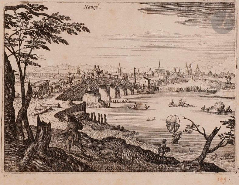 Matthäus I Merian (1593-1650)
Vues de villes et paysages (Paris, Nancy, Châlon, région de Bâle…). 1620-1625. Eau-forte. Chaque env. 140 x 110. Belles épreuves, certaines rognées au sujet, d’autres avec marges. Menus accidents. Quelques sujets en multiples exemplaires. Ens. 124 p. (en un emboîtage, très défraîchi). 