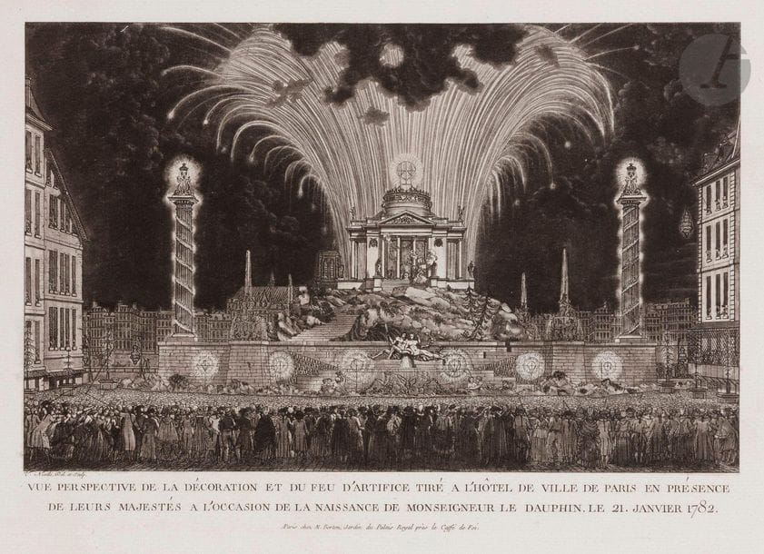 Victor-Jean Nicolle (1754-1826)
Vue perspective de la décoration et du feu d’artifice tiré à l’Hôtel de Ville de Paris en présence de leurs majestés à l’occasion de la naissance de Monseigneur de Dauphin le 21. Janvier 1782. 1782. Eau-forte et aquatinte. 354 x 246. Le Blanc, Baudicour non décrit ; Coll. Hennin 9871. Très belle épreuve soigneusement lavée. Courte déchirure en pied. Traces de plis dans les angles inférieurs. Belles marges. 