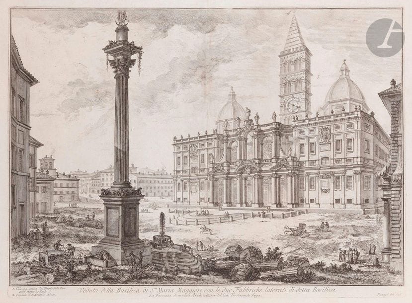 Giambattista Piranesi (1720-1778)
Veduta della Basilica di Sta Maria Maggiore… 1749. Eau-forte et burin. 550 x 400. Hind 9. Belle épreuve sur vergé, du 1er état (sur 6), avant l’adresse, soigneusement lavée. Pli vertical médian normal, consolidé au verso, avec traces de frottement au recto. Petites amincissures, quelques déchirures et menus accidents aux bords du feuillet. Toutes marges.