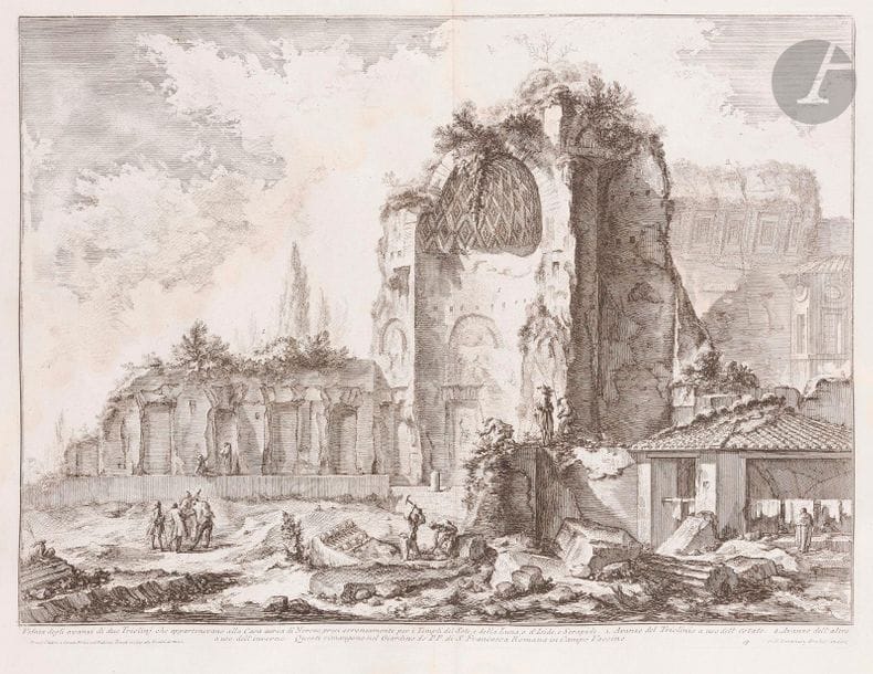 Giambattista Piranesi (1720-1778)
Veduta degli avanzi di due Triclini che appartenevano alla Casa aurea di Nerone… (Temple de Vénus et Rome, anciennement dit du Soleil et de la Lune). 1759. Eau-forte et burin. 552 x 410. Hind 50. Belle épreuve sur vergé, du 5e état (sur 6), avant le numéro 772. Pli vertical médian normal avec onglet de montage au verso. Larges auréoles claires d’humidité dans le sujet et en pied. Fine bande d’oxydation aux bords du feuillet. Toutes marges. Tirage parisien intermédiaire.